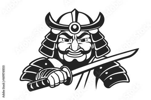 Fierce Samurai Warrior Mascot with Sword on White Background