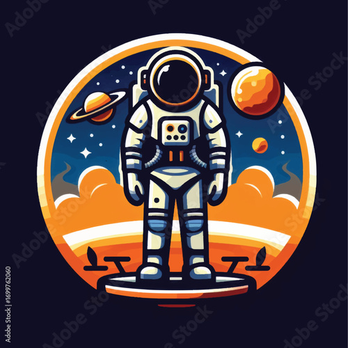 Cartoon astronaut character in a futuristic spacesuit.