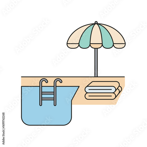 Stylized Poolside Scene with Umbrella Towels and Ladder Illustration.