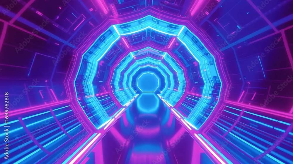 Fototapeta premium high quality png isolated on transparent background of futuristic glowing tunnel with blue pink purple neon geometric light rings creating sci fi corridor effect