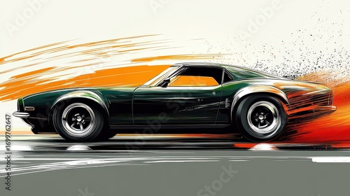 Dark green classic car speeding, orange motion blur.