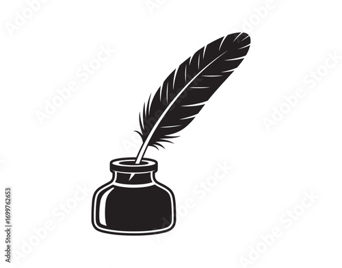 Ink feather inside the inkwell symbol set against a white backdrop.
