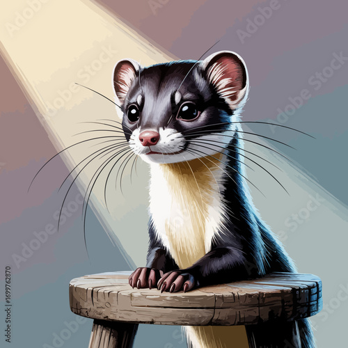 A striking illustration of a cute ferret sitting confidently on a stool, showcasing its expressive eyes and delightful whiskers, embodying curiosity and playful nature.