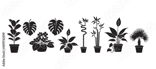 A collection of houseplant icons in black on a white background. Indoor greenery. Ficus, monstera, African violet, and lucky bamboo. Peace lily, pothos, and parlor palm. Silhouette representations.