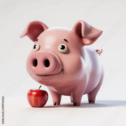 A charming cartoon pig with big eyes joyfully stands next to a shiny red apple, conveying a sense of playfulness and charm on a clean background.