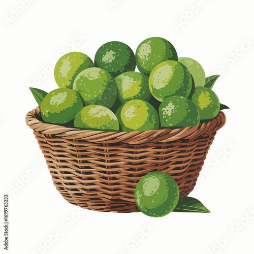 A beautifully arranged basket filled with fresh green limes, showcasing their vibrant color and texture, ideal for culinary uses and refreshing beverages.