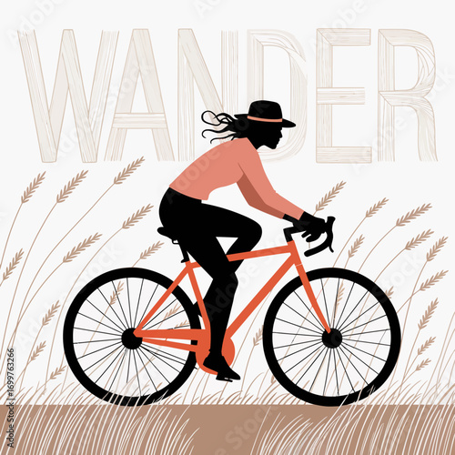 This engaging image illustrates a woman biking through a serene wheat field, capturing the spirit of adventure and freedom across an open landscape while enjoying nature.