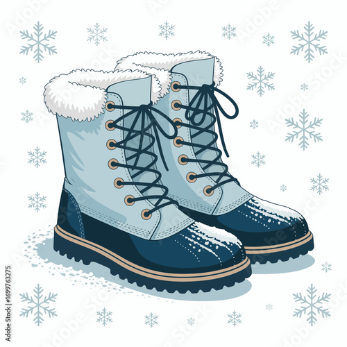 This image features a pair of stylish winter boots with fur lining, set against a backdrop of falling snowflakes, evoking warmth and comfort in cold weather.