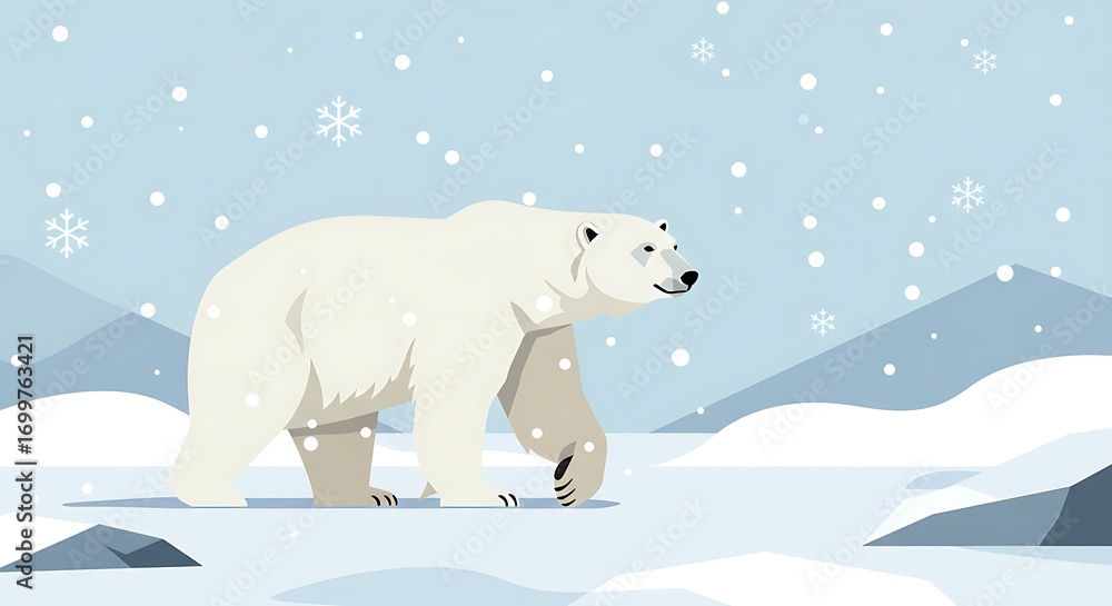 Fototapeta premium A charming flat design illustration of a polar bear walking through a snowy arctic landscape with falling snowflakes and icy mountains.