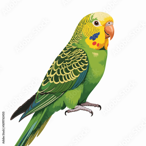 This image depicts a lively green budgie with striking yellow and blue markings, showcasing its vibrant personality and charm, capturing the joy of pet birds in an artistic manner.