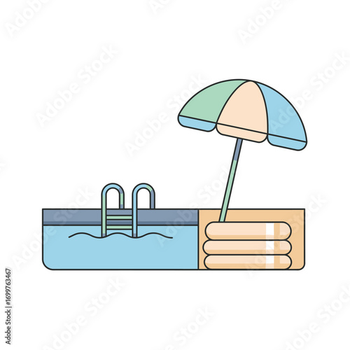Stylized Swimming Pool with Ladder Beach Towels and Striped Parasol.