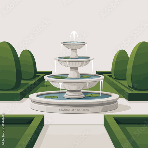 This image showcases a beautiful three-tiered fountain surrounded by well-manicured hedges, perfectly embodying calmness and serenity in a garden setting.