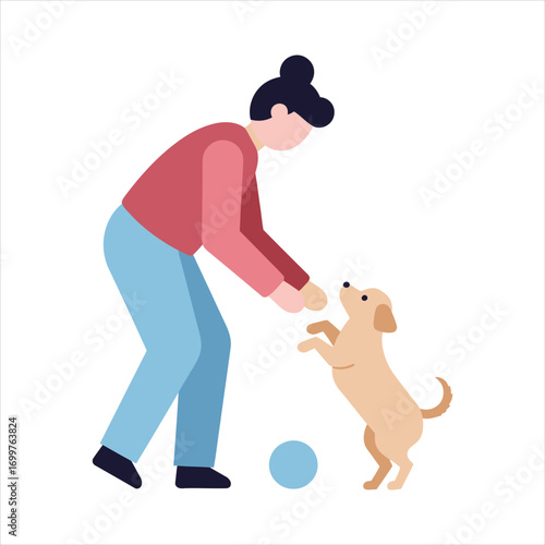 Stylized Woman Playing with a Playful Golden Dog and a Blue Ball.