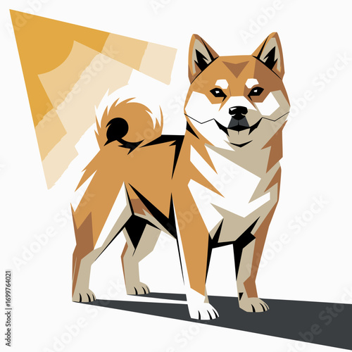 This image depicts a cheerful Shiba Inu with a distinct fluffy tail, positioned confidently, showcasing its loyal and playful personality against a bright background with delightful colors.