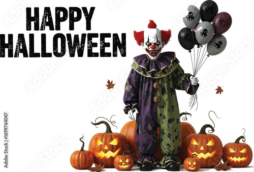 A creepy clown holding balloons surrounded by pumpkins with a happy halloween message for a spooky celebration