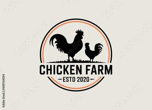 This logo design represents a chicken farm with stylized silhouettes of roosters and hens, capturing the essence of poultry farming and organic food production.