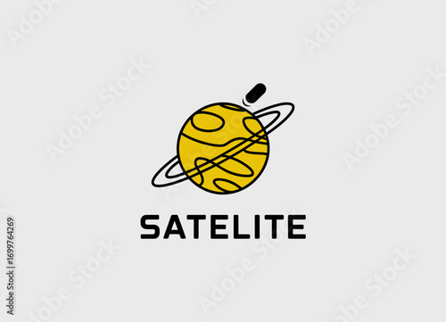 This playful logo features a cartoon-like satellite orbiting a brightly colored planet, representing communication, technology, and space exploration in a fun, engaging style.