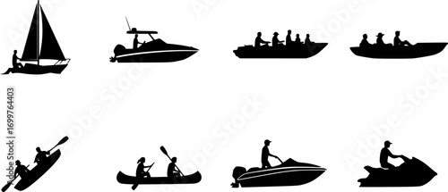 Collection of six boating icons depicting different types of boats and watercrafts with people riding 100 | editable eps vectors silhouette
