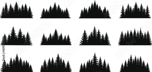 Coniferous tree cluster silhouettes in varied shapes and densities, ideal for forest, nature, and outdoor-themed vector design projects.