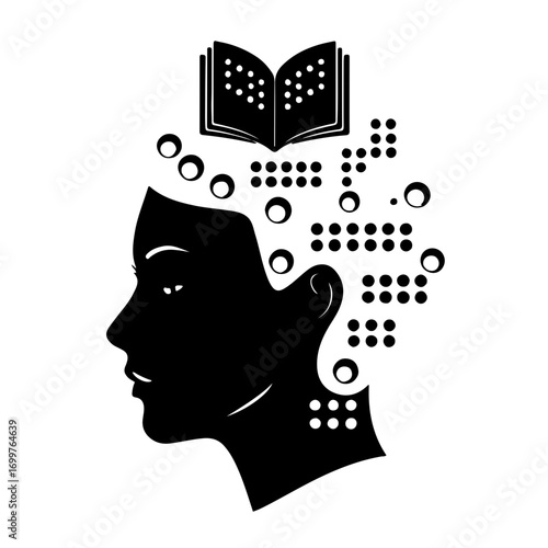 A powerful black and white icon featuring a face silhouette with open eyes, surrounded by a scattering of Braille dots. This evocative design visually conveys that while eyes see, the mind and heart 