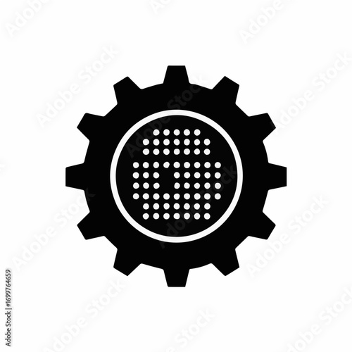 A striking black and white icon featuring a gear with a textured Braille dot pattern. This design represents Braille as an integral and essential part of the "machinery" of knowledge, innovation