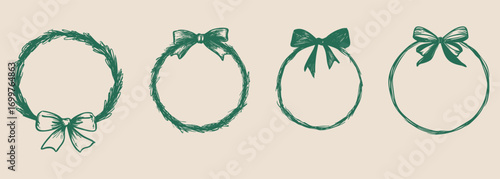 Set of hand drawn wedding wreaths with bows. Elegant crayon sketchy vintage floral frames for invitations, cards.