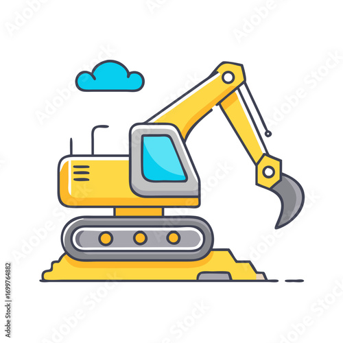 Cartoon excavator with gray hydraulic claw is doing some ground work