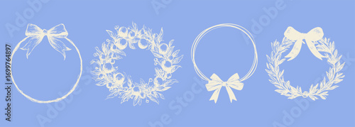 Sketchy wreath collection with bows and fruit elements. Botanical vintage crayon frames for Christmas, rustic weddings.