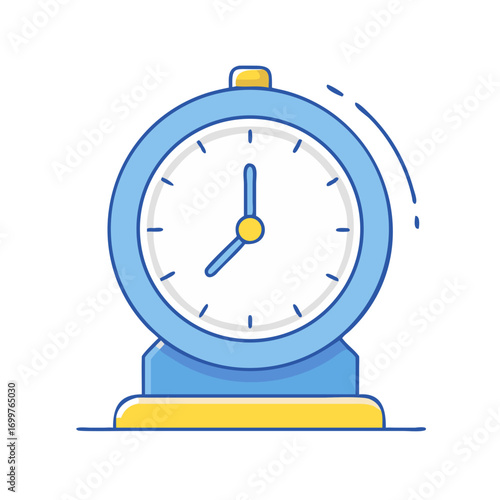 Blue and yellow cartoon alarm clock indicating the time of eight o'clock