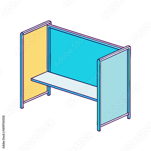 Isometric view of a three section color block study carrel with shelf