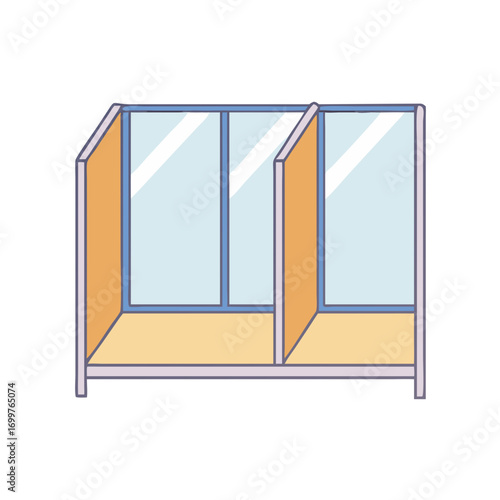 Cartoon Office Cubicle Illustration with Glass Panels and Tan Divider Walls