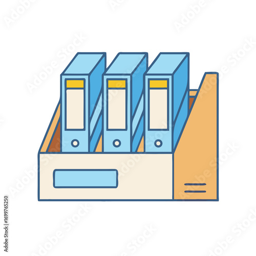 Illustration of three blue ring binders in a tan storage box