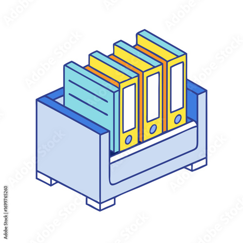 Isometric illustration of filing cabinet full of ring binders for storage
