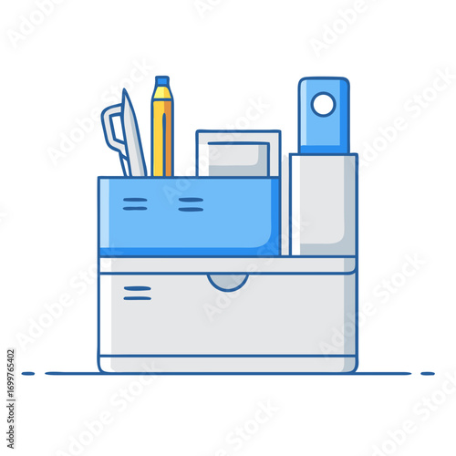 Simple Line Drawing of a Desk Organizer with Various Office Supplies