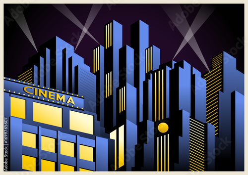Art Deco Posters Style Illustration. Futuristic City, Skyscrapers, Bridges, Spotlights. Vector Template for Art Deco Placards, Covers, Illustrations