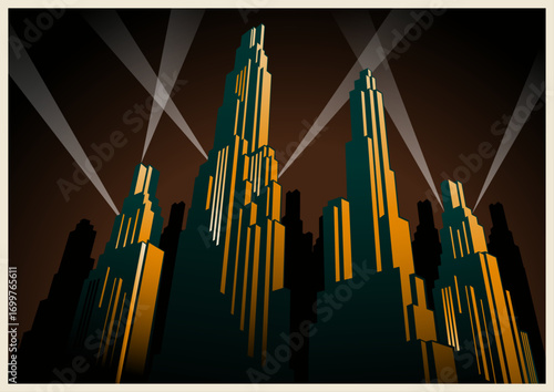 Art Deco Posters Style Illustration. Futuristic City, Skyscrapers, Bridges, Spotlights. Vector Template for Art Deco Placards, Covers, Illustrations