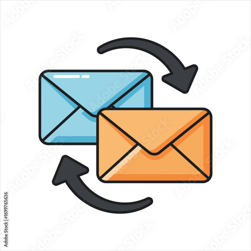 Two stylized envelopes with arrows depicting email communication and exchange.