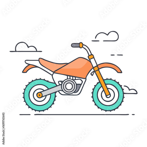 Stylized illustration of an off road motorcycle with simple cloud shapes