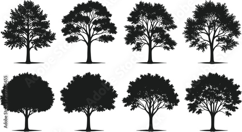 Stylized tree silhouette set with varied canopy shapes and foliage patterns for nature, landscape, and artistic vector design projects.