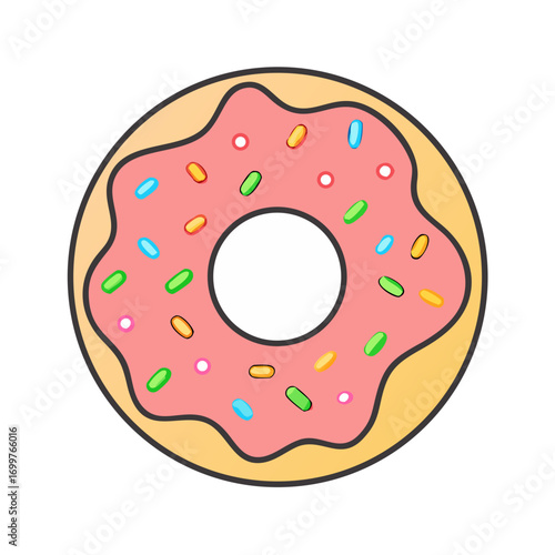 A deliciously delightful donut with a vibrant pink frosting and colorful sprinkles