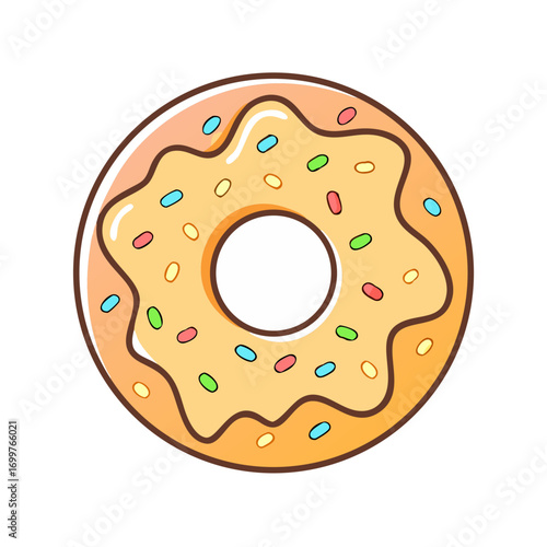 Cartoon donut with sprinkles on a white background, delicious sweet treat