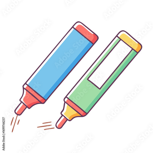 Two cartoon highlighters in blue and green making marks on paper