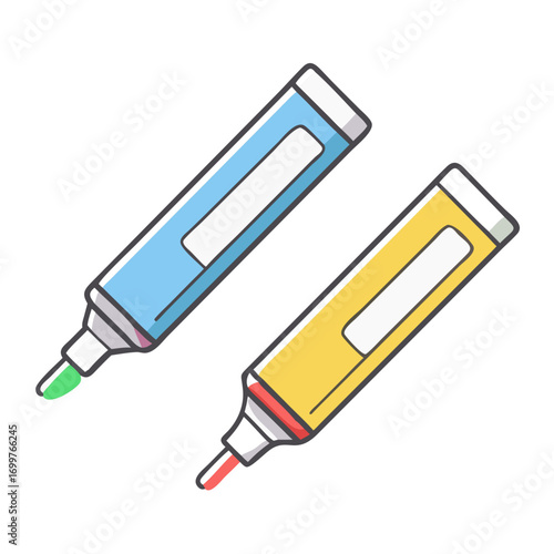 Two colorful highlighters in blue and yellow against a white background