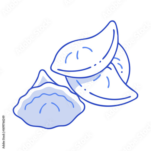 Blue line art of dumplings illustrating the concept of delicious Chinese food