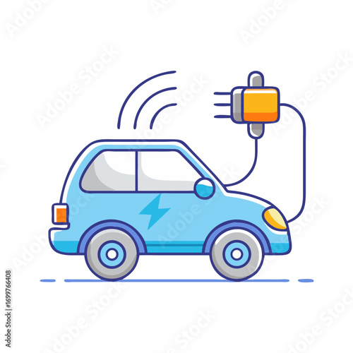Cute Cartoon Electric Car Charging with Charging Plug Icon Design