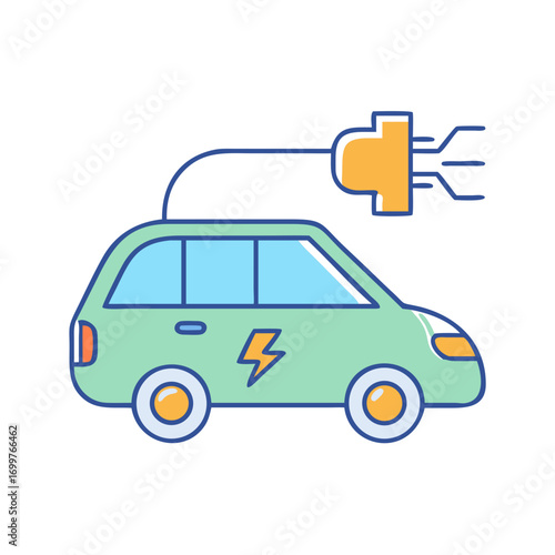 Cute cartoon electric car with plug shows concept of green energy