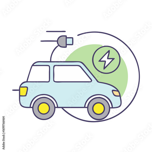 Illustration of a cute electric car being charged with clean energy