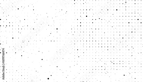 Grunge halftone dots texture background features abstract black dots fading to white, perfect for retro, comic, or pop art inspired designs.