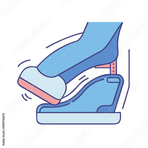 Foot pressing down the accelerator pedal in a light blue car