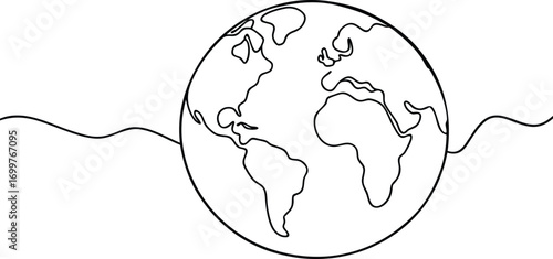 Single line drawing of planet Earth with wavy lines